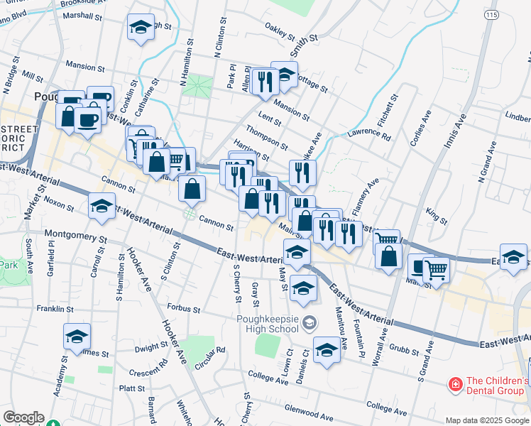 map of restaurants, bars, coffee shops, grocery stores, and more near 541 Main Street in Poughkeepsie
