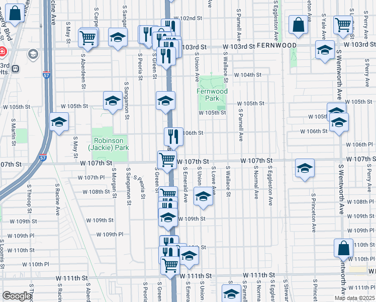map of restaurants, bars, coffee shops, grocery stores, and more near 10639 South Emerald Avenue in Chicago