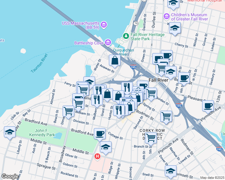 map of restaurants, bars, coffee shops, grocery stores, and more near 130 Canal Street in Fall River