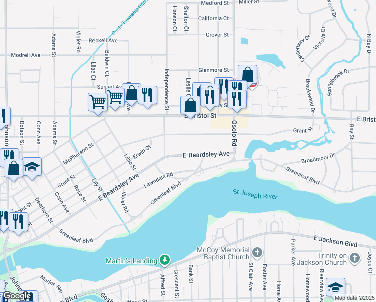 map of restaurants, bars, coffee shops, grocery stores, and more near 1765 E Beardsley Ave in Elkhart