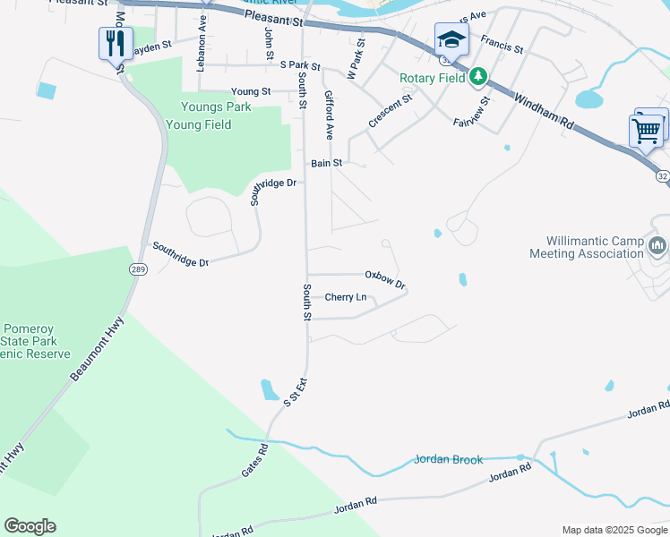 map of restaurants, bars, coffee shops, grocery stores, and more near 25 Oxbow Drive in Windham