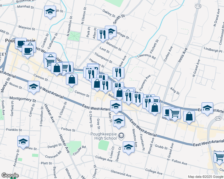 map of restaurants, bars, coffee shops, grocery stores, and more near 557 Main Street in Poughkeepsie