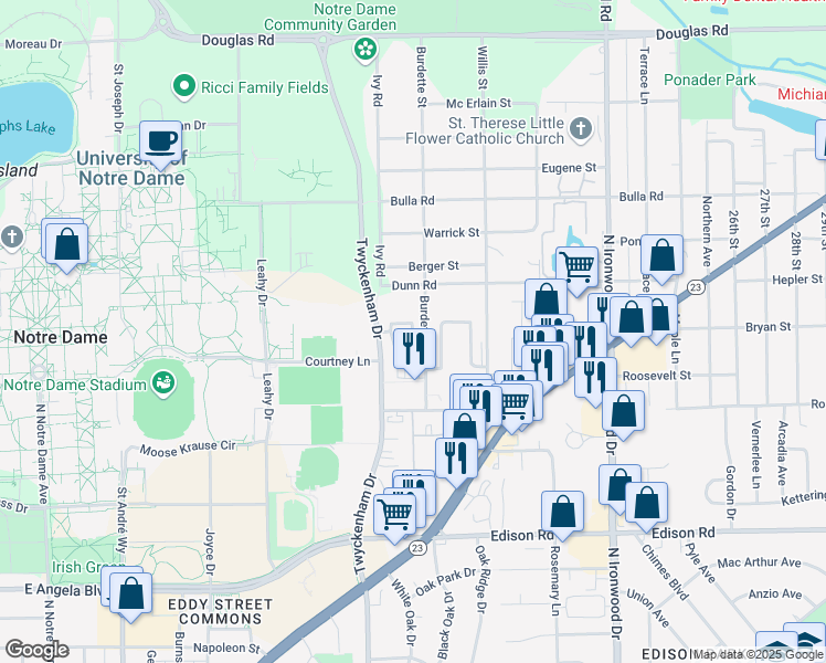 map of restaurants, bars, coffee shops, grocery stores, and more near Killeen Court in South Bend