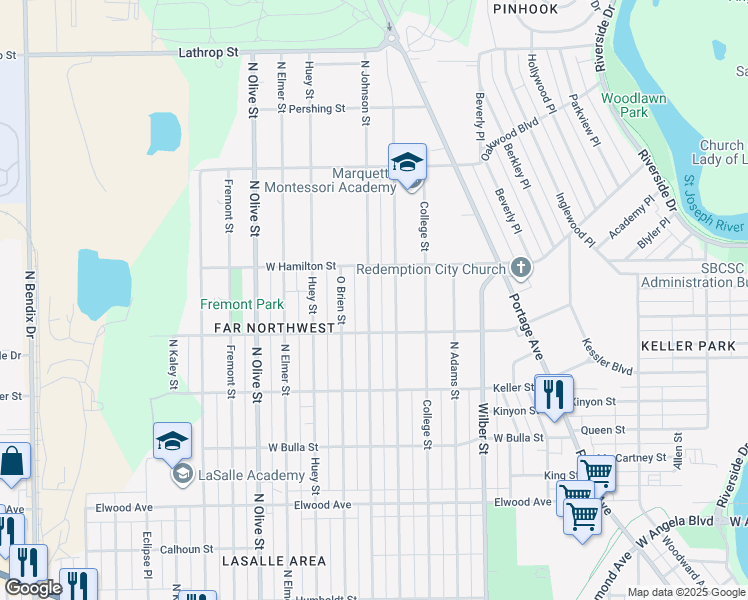 map of restaurants, bars, coffee shops, grocery stores, and more near 1836 North Johnson Street in South Bend