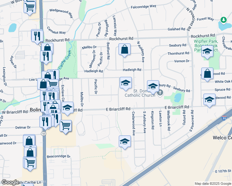 map of restaurants, bars, coffee shops, grocery stores, and more near 233 Riverside Drive in Bolingbrook