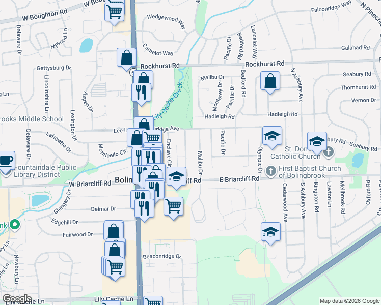 map of restaurants, bars, coffee shops, grocery stores, and more near 129 Malibu Drive in Bolingbrook