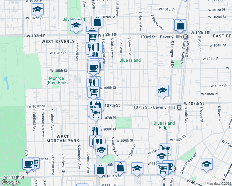 map of restaurants, bars, coffee shops, grocery stores, and more near 10619 South Oakley Avenue in Chicago