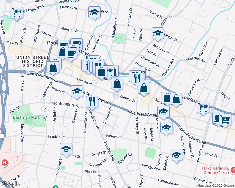 map of restaurants, bars, coffee shops, grocery stores, and more near in Poughkeepsie