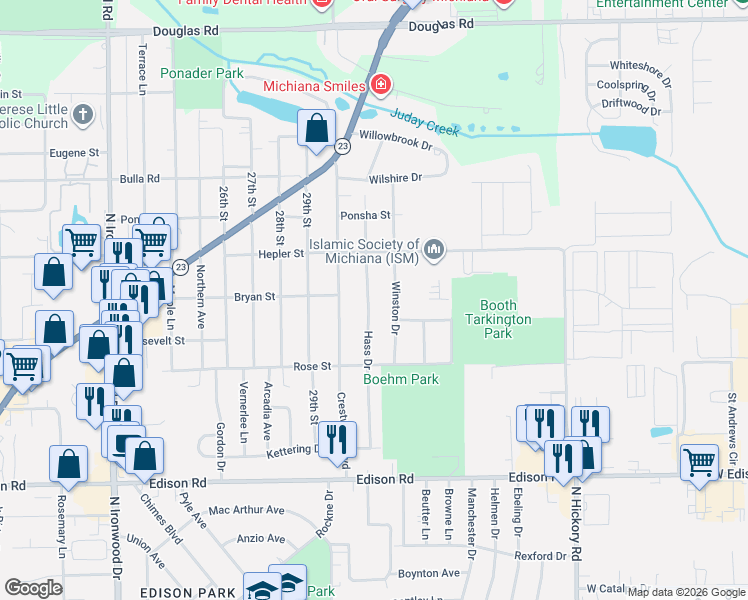 map of restaurants, bars, coffee shops, grocery stores, and more near 1758 Hass Drive in South Bend