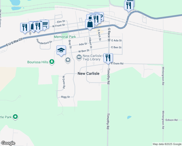 map of restaurants, bars, coffee shops, grocery stores, and more near 117 Lynn Dee Court in New Carlisle