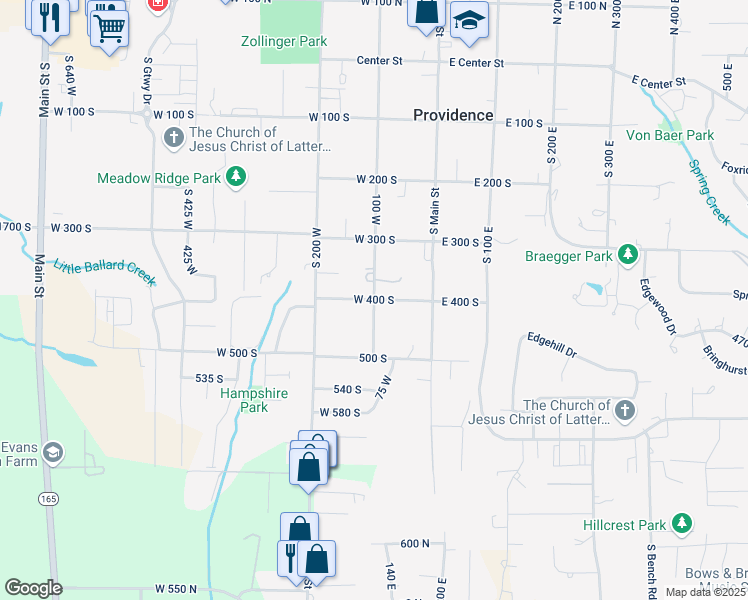 map of restaurants, bars, coffee shops, grocery stores, and more near West 400 South in Providence