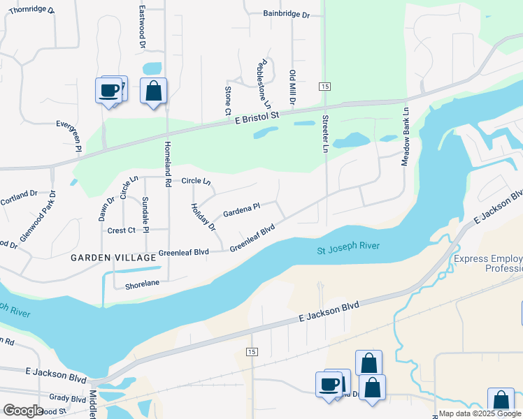 map of restaurants, bars, coffee shops, grocery stores, and more near 22901-22939 Greenleaf Boulevard in Elkhart