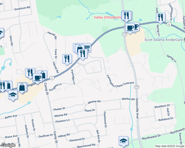 map of restaurants, bars, coffee shops, grocery stores, and more near 59 Florence Way in Farmington