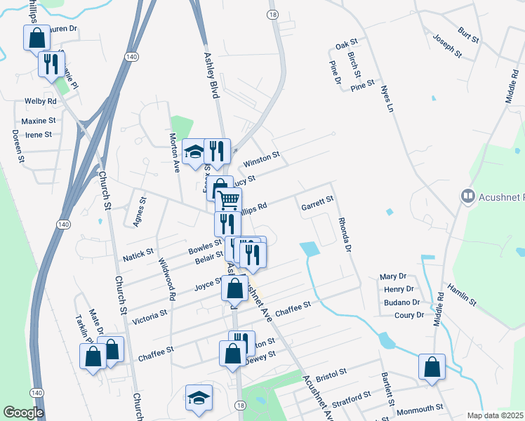 map of restaurants, bars, coffee shops, grocery stores, and more near 942 Phillips Road in New Bedford