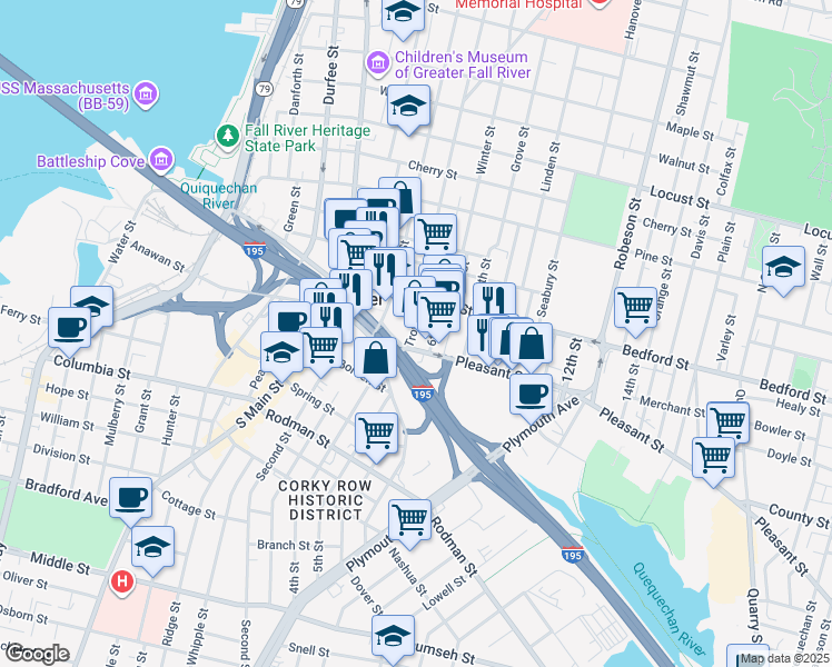 map of restaurants, bars, coffee shops, grocery stores, and more near 162 Pleasant Street in Fall River