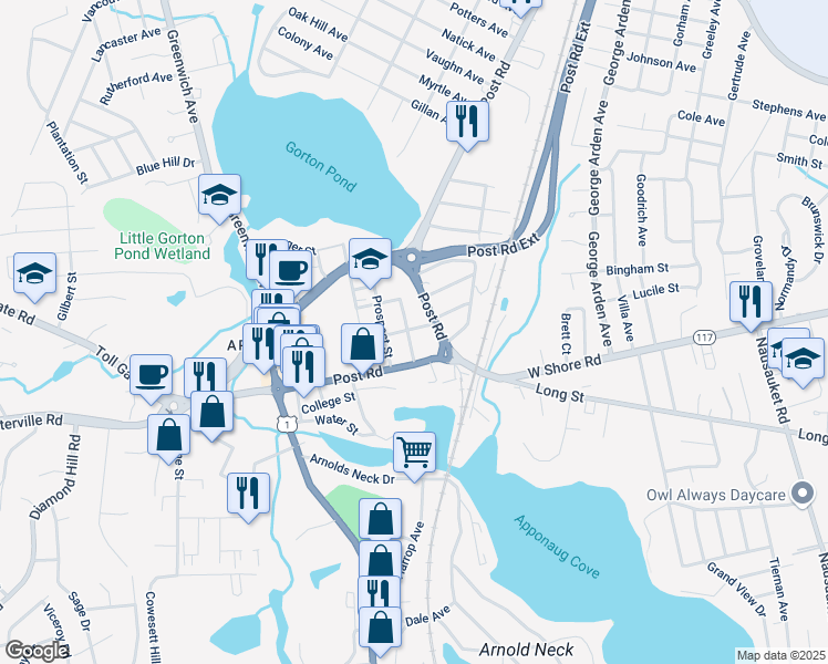 map of restaurants, bars, coffee shops, grocery stores, and more near 3143 U.S. 1 in Warwick