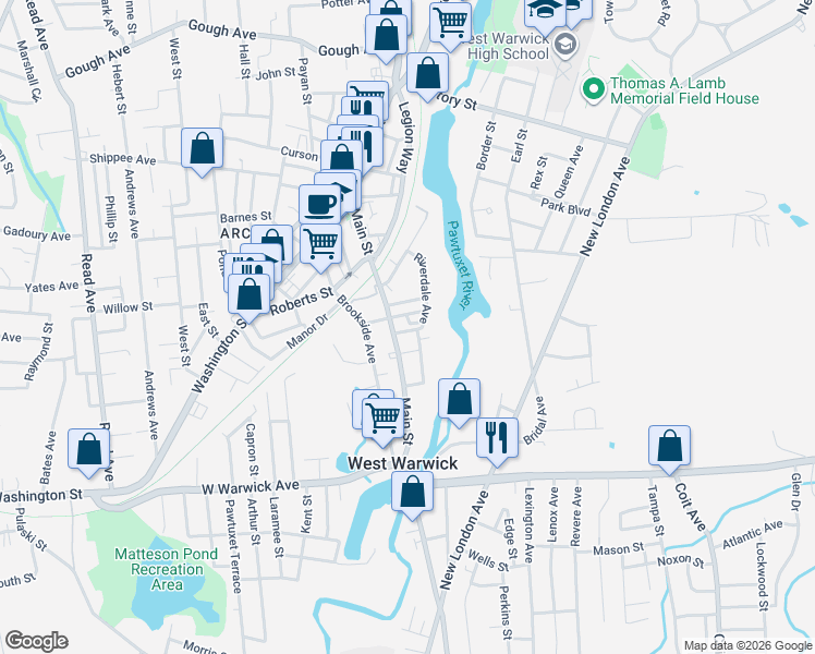 map of restaurants, bars, coffee shops, grocery stores, and more near 40 Epworth Avenue in West Warwick