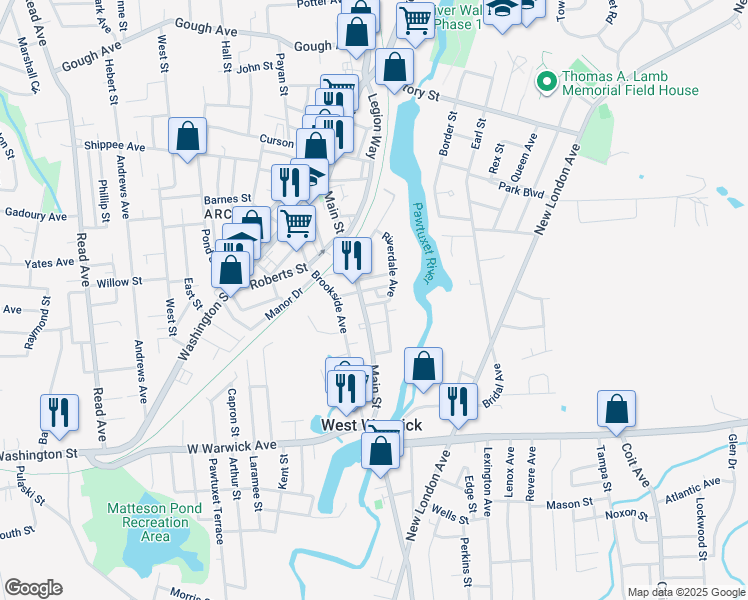 map of restaurants, bars, coffee shops, grocery stores, and more near 40 Epworth Avenue in West Warwick