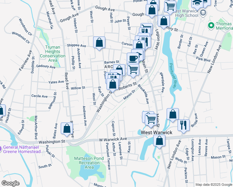 map of restaurants, bars, coffee shops, grocery stores, and more near 21 Mill Street in West Warwick