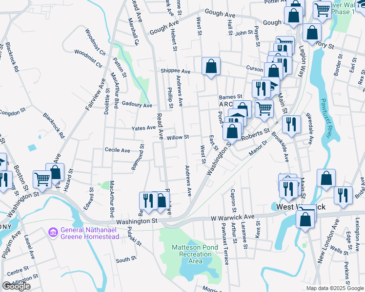 map of restaurants, bars, coffee shops, grocery stores, and more near 59 Andrews Avenue in West Warwick