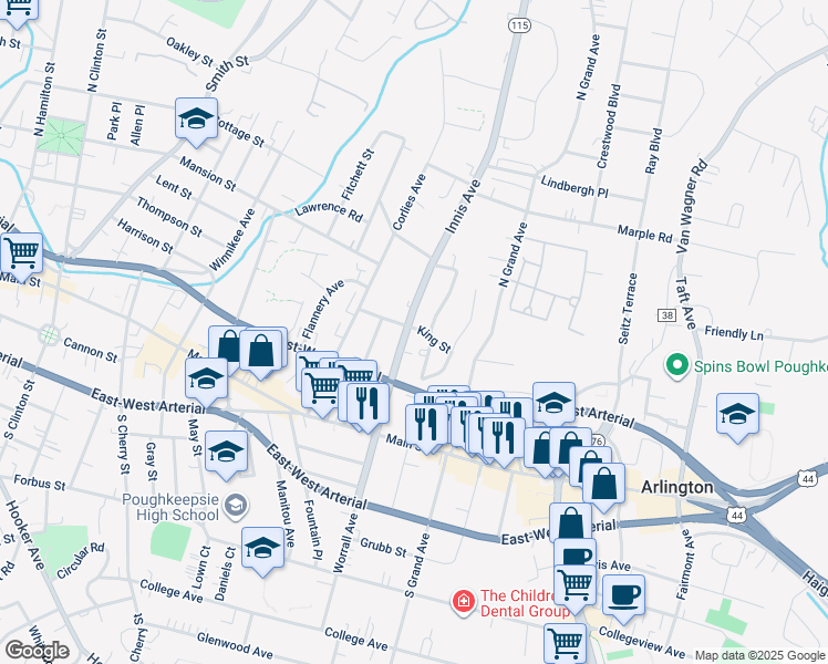 map of restaurants, bars, coffee shops, grocery stores, and more near 20 Radcliffe Road in Poughkeepsie