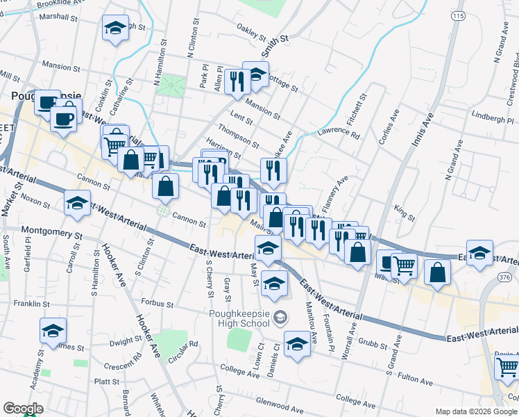 map of restaurants, bars, coffee shops, grocery stores, and more near 557 Main Street in Poughkeepsie