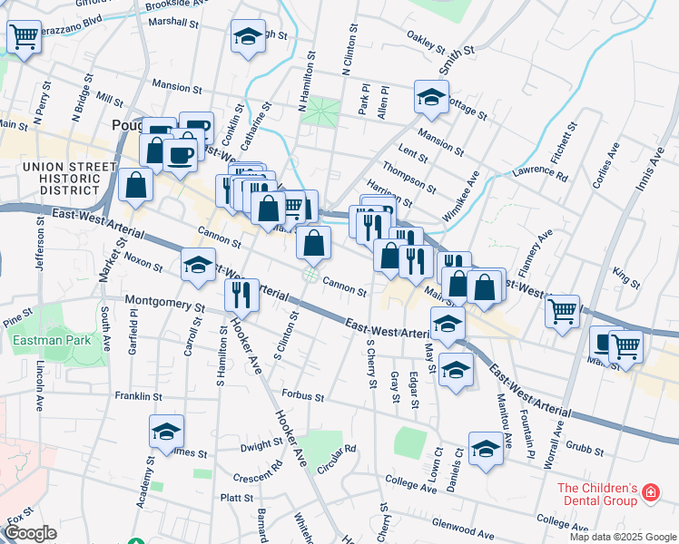 map of restaurants, bars, coffee shops, grocery stores, and more near 152 Cannon Street in Poughkeepsie