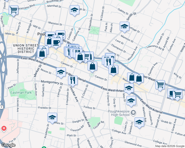 map of restaurants, bars, coffee shops, grocery stores, and more near in Poughkeepsie