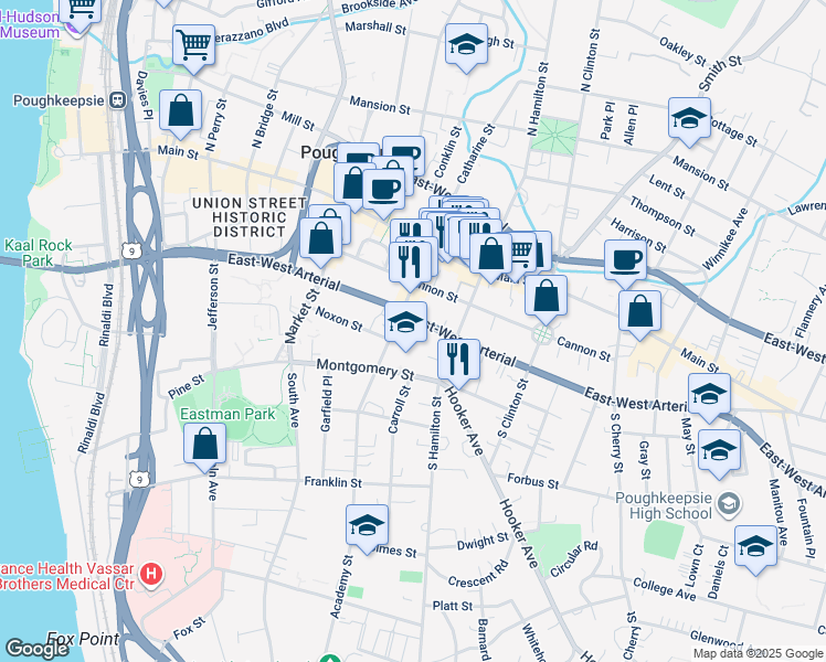 map of restaurants, bars, coffee shops, grocery stores, and more near 220 Church Street in Poughkeepsie