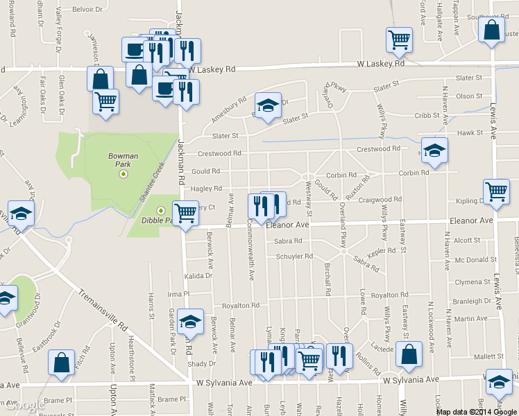 map of restaurants, bars, coffee shops, grocery stores, and more near 1541 Craigwood Road in Toledo