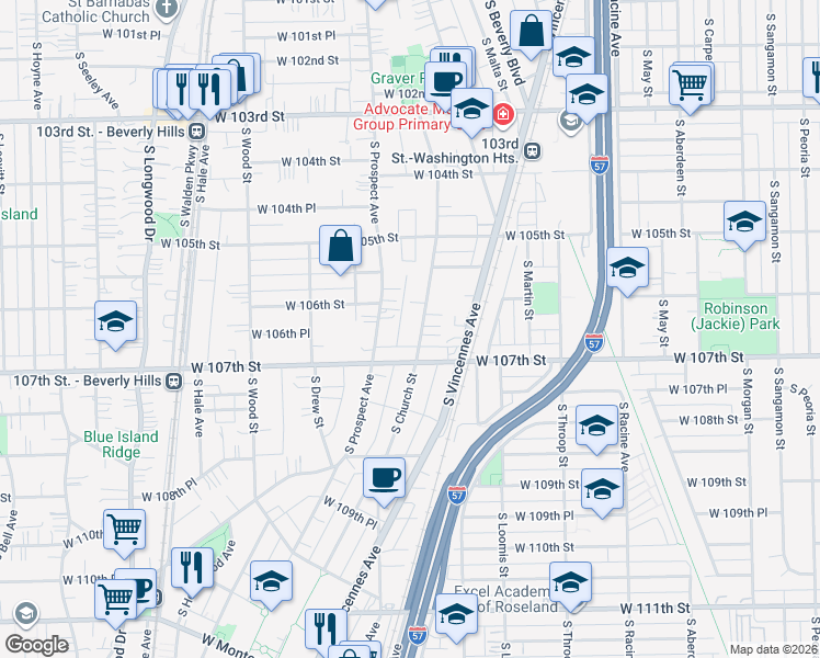 map of restaurants, bars, coffee shops, grocery stores, and more near 10639 South Church Street in Chicago
