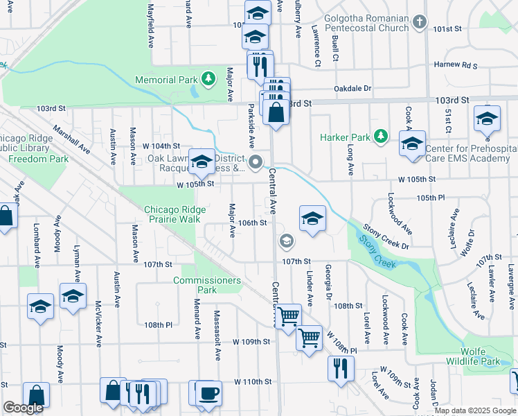 map of restaurants, bars, coffee shops, grocery stores, and more near 10555 Parkside Avenue in Chicago Ridge