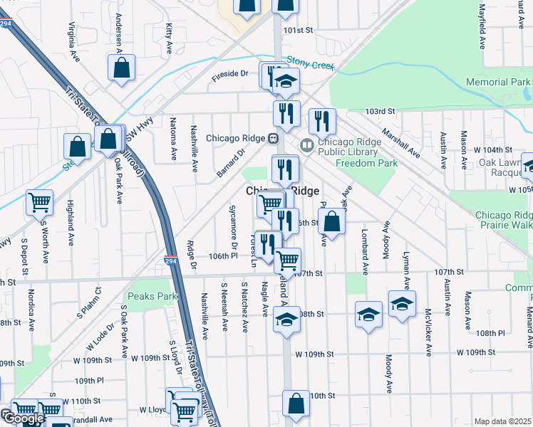 map of restaurants, bars, coffee shops, grocery stores, and more near 10600 Ridgeland Avenue in Chicago Ridge