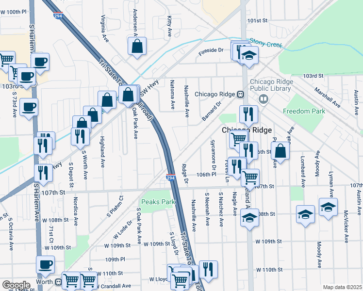 map of restaurants, bars, coffee shops, grocery stores, and more near 6616 Ridge Drive in Chicago Ridge
