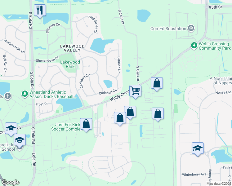 map of restaurants, bars, coffee shops, grocery stores, and more near 25501 West Wolfs Road in Plainfield