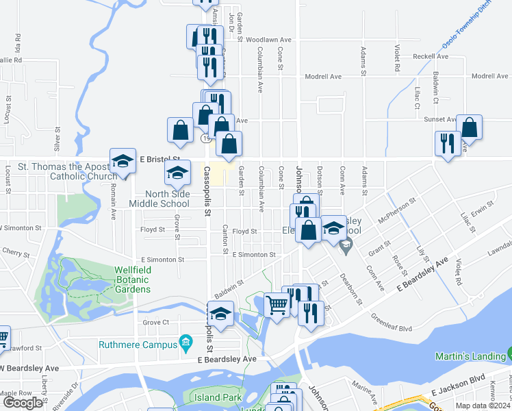 map of restaurants, bars, coffee shops, grocery stores, and more near 1401 Columbian Avenue in Elkhart