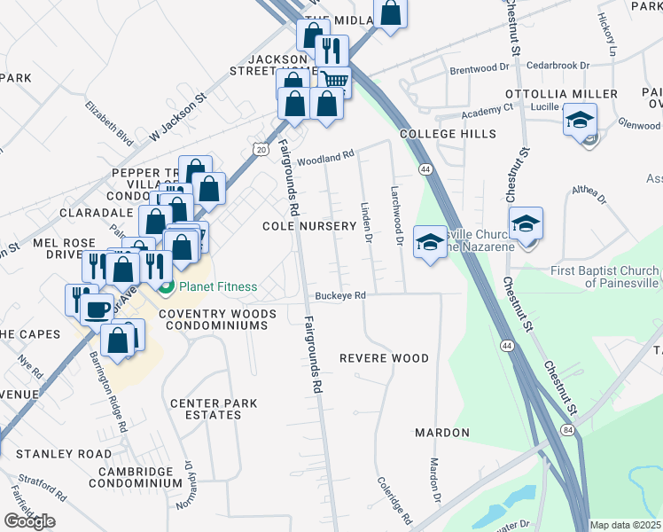 map of restaurants, bars, coffee shops, grocery stores, and more near 182 Hawthorne Drive in Painesville