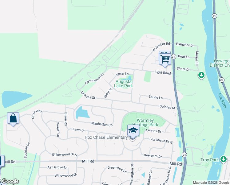 map of restaurants, bars, coffee shops, grocery stores, and more near 115 Kristine Street in Oswego