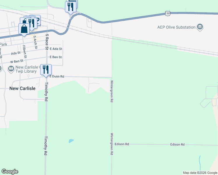 map of restaurants, bars, coffee shops, grocery stores, and more near 54501 Wintergreen Road in New Carlisle