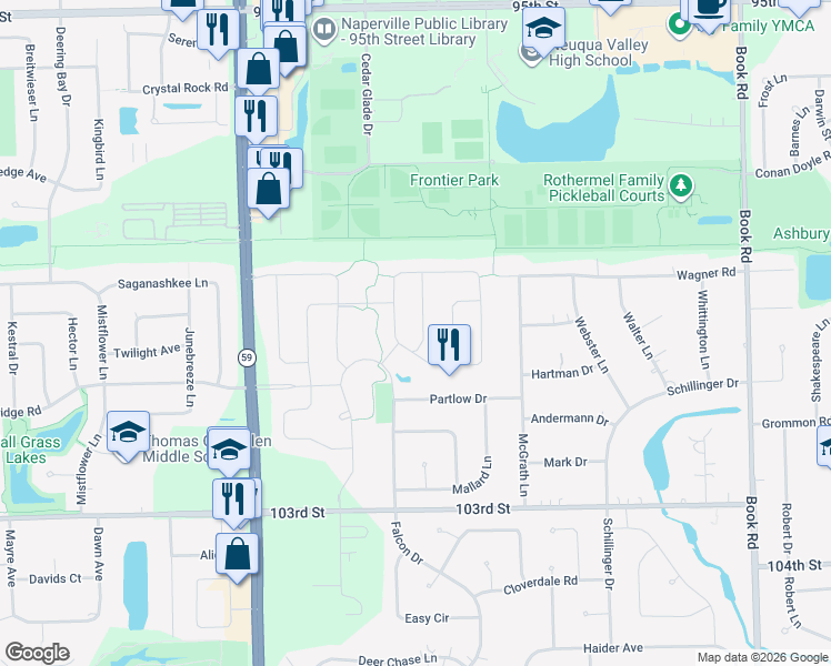 map of restaurants, bars, coffee shops, grocery stores, and more near 3635 Lime Light Dr in Naperville
