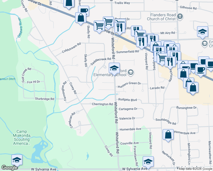 map of restaurants, bars, coffee shops, grocery stores, and more near 5116 Lerado Road in Toledo