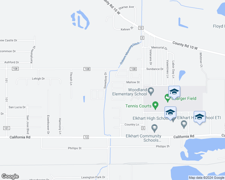map of restaurants, bars, coffee shops, grocery stores, and more near 2937 Bane Berry Street in Elkhart