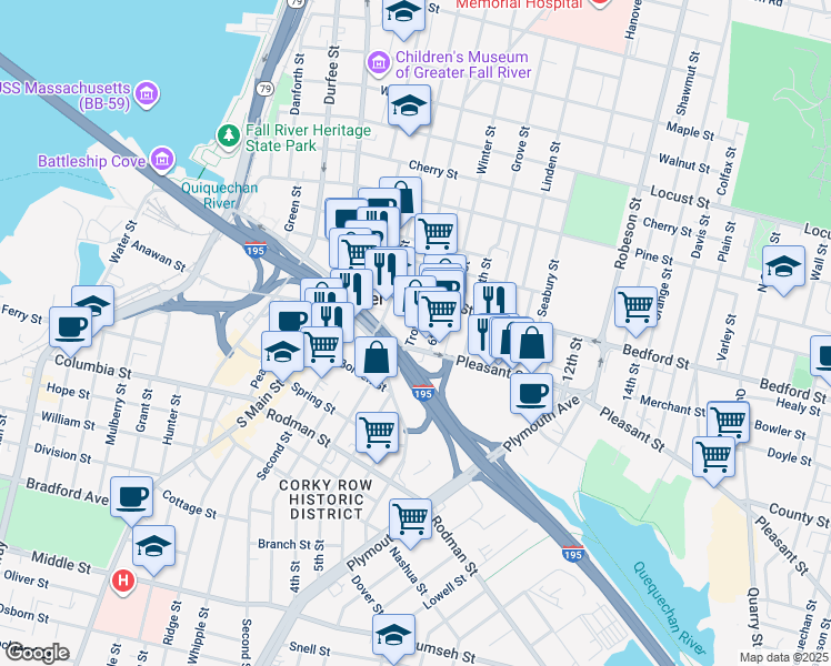 map of restaurants, bars, coffee shops, grocery stores, and more near 162 Pleasant Street in Fall River