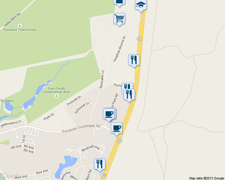 map of restaurants, bars, coffee shops, grocery stores, and more near 50 Portside Drive in Bourne