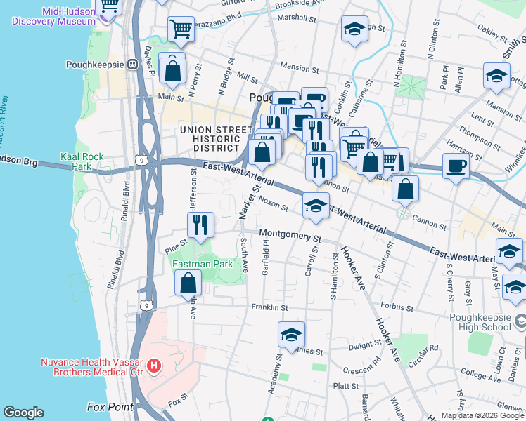 map of restaurants, bars, coffee shops, grocery stores, and more near 93 Market Street in Poughkeepsie
