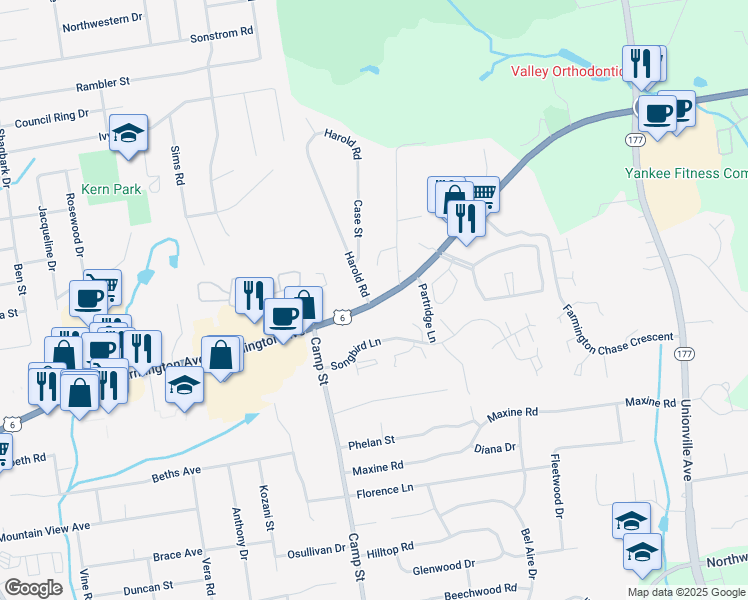 map of restaurants, bars, coffee shops, grocery stores, and more near 10 Harold Road in Farmington