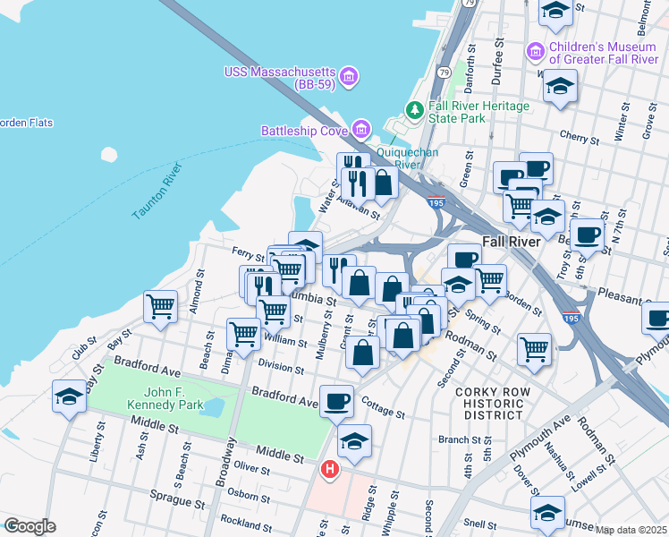 map of restaurants, bars, coffee shops, grocery stores, and more near 375 Ferry Street in Fall River