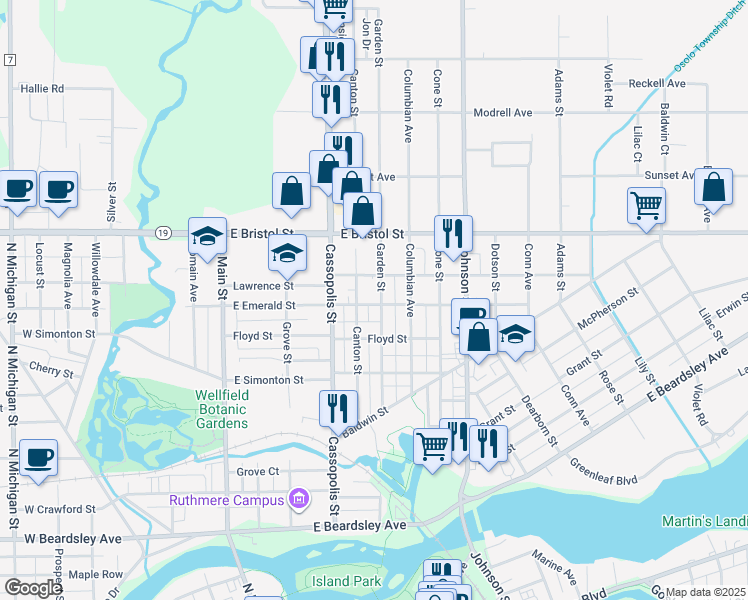 map of restaurants, bars, coffee shops, grocery stores, and more near 1262 Garden Street in Elkhart