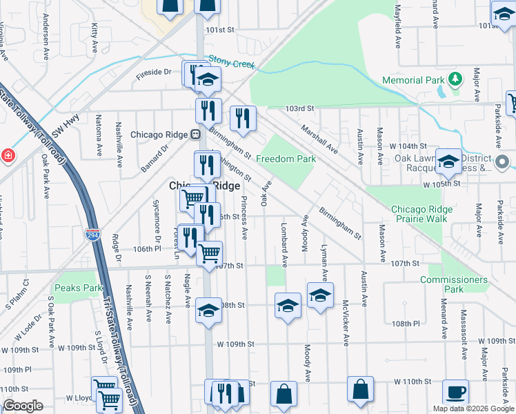 map of restaurants, bars, coffee shops, grocery stores, and more near 10555 Oak Avenue in Chicago Ridge