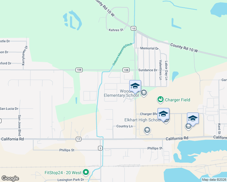 map of restaurants, bars, coffee shops, grocery stores, and more near 2925 Bane Berry Street in Elkhart